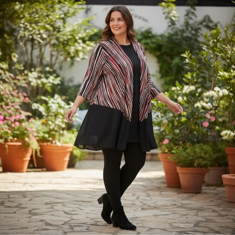 Catherines Open Front Nylon Blend Cardigan Size 3X Striped Mesh Chiffon Trim New